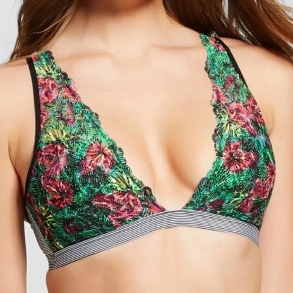 LARGE Xhilaration Wire Free Lace Plunge Bra Bralette Tropical Print NWT New - Picture 6 of 8